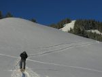 On coutourne  à flanc ce coteau , la montée finale en ligne de vue avec un skieur qui la remonte. Pour la descente on passera dans le couloir directement sur Les Planeys, à droite hors champ de la photo.