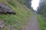 On retrouve un chemin tranquille. On voit au fond des voitures, il y a un large parking qui pour ce week-end était plein. Le chemin monte depuis l'endroit où j'ai laissé mon scooter, mais avec un panneau d'interdiction de circuler pour le commun des mortels !