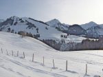 Sur ma droite La Cua, vu le peu de neige, j'hésite à y aller. Je vois quelques personnes qui sont en train d'y monter (sous les deux sapins, 4 personnes).