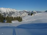 Je descends dans une excellente poudreuse avec fond, et rejoins (trop vite !) la piste pour ensuite remonter au mieux par la trace de raquettes en centre de la photo vers Le Fenil aux Veaux