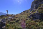 Pour la montée, on passe sous la falaise, versant E. Le col du retour est à droite, hors photo